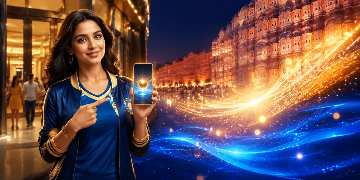 Players enjoying cricket betting and live casino in Jaipur with blue and gold themes